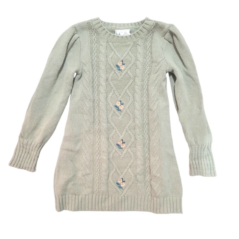 Nicole Miller Sage Green Floral Embroidered Sweater Dress Size 5 Girls